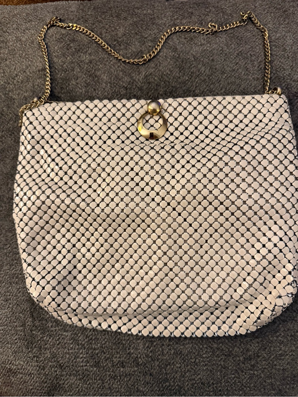 Whiting & Davis White Mesh Shoulder Bag with Gold Chain and Ring